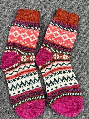 Nordic Fair Isle Winter Crew Socks Women Wool Blend Boho Thermal Size 6-10